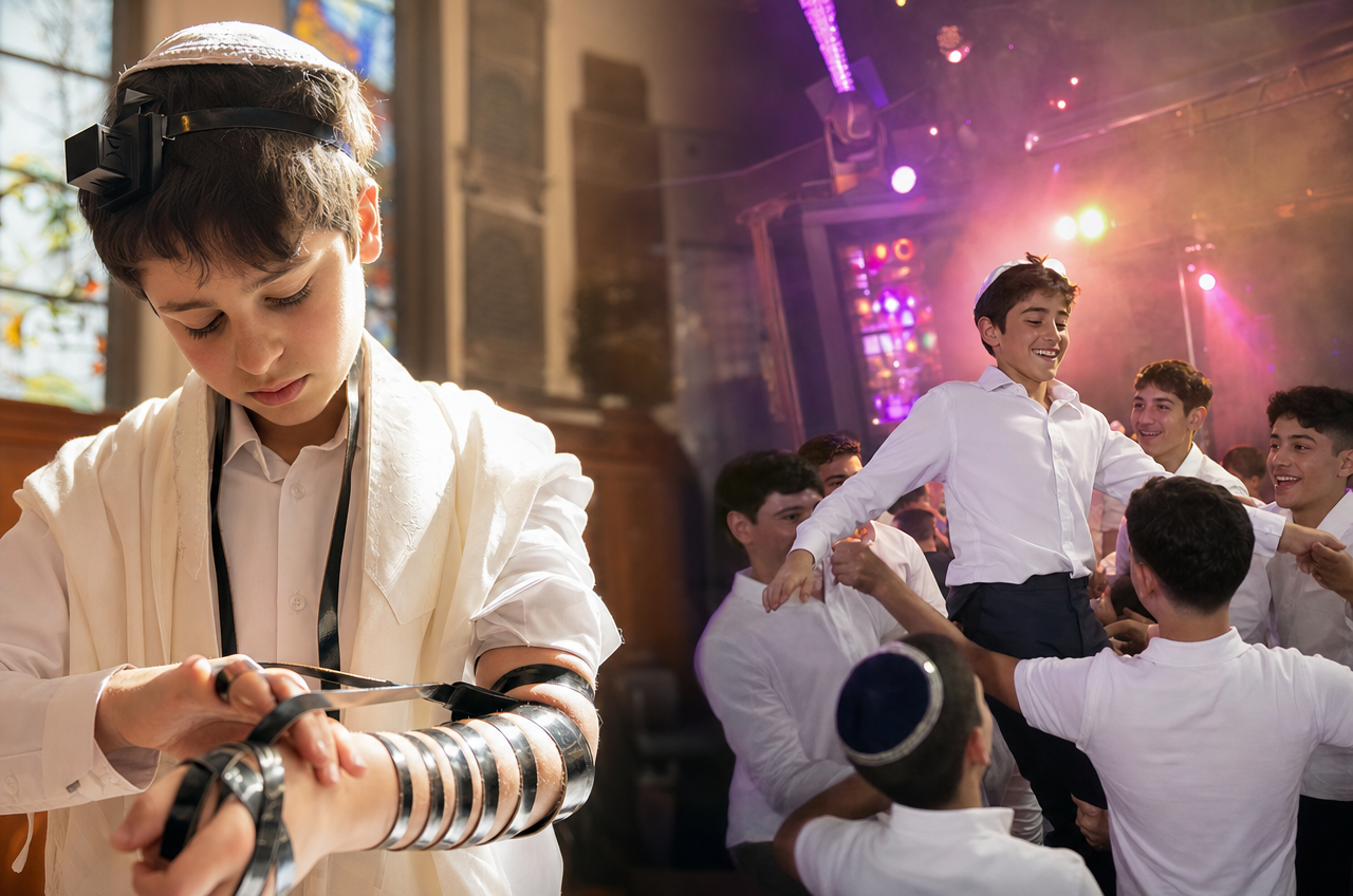 קולאז' המציג הזמנה לאירוע בר מצווה כפול: עלייה לתורה בבית כנסת ומסיבה באולם