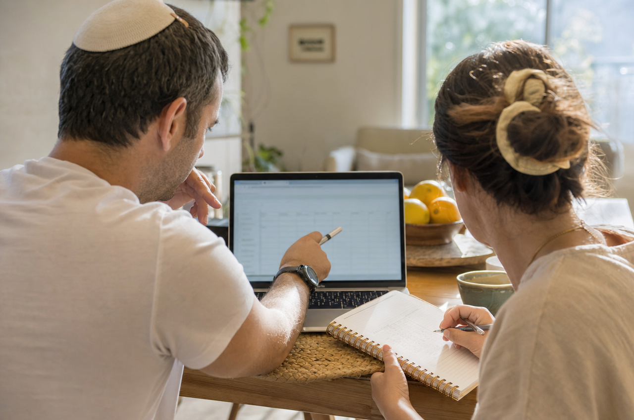 אב ובנו מתכננים יחד את לוח הזמנים לאירוע בר המצווה.