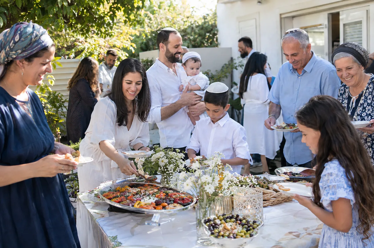 קייטרינג לאירוע קטן בבית, עם מגשי אירוח חלביים צבעוניים לברית מילה.