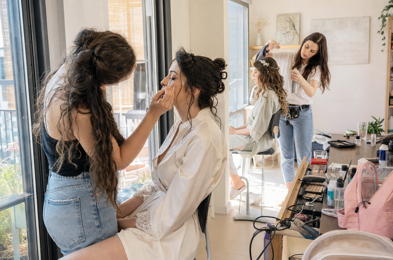 בוקר התארגנות לחתונה עם מאפרת ומעצב שיער עובדים יחד באווירה רגועה.