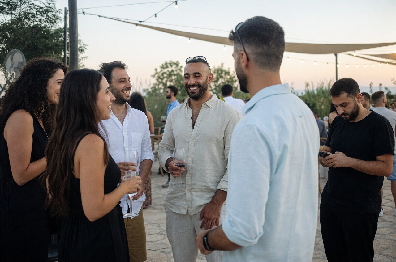 אורחים בחתונה נהנים מהאירוע בזמן שאורח אחר נותן מתנה דיגיטלית בנוחות.