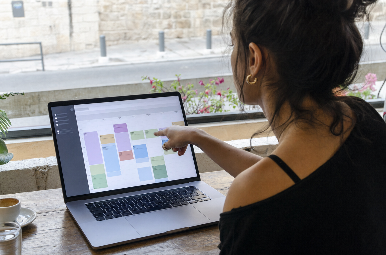דיג'יי מתכננת את יומן ההופעות שלה על תוכנת CRM ייעודית במחשב נייד.