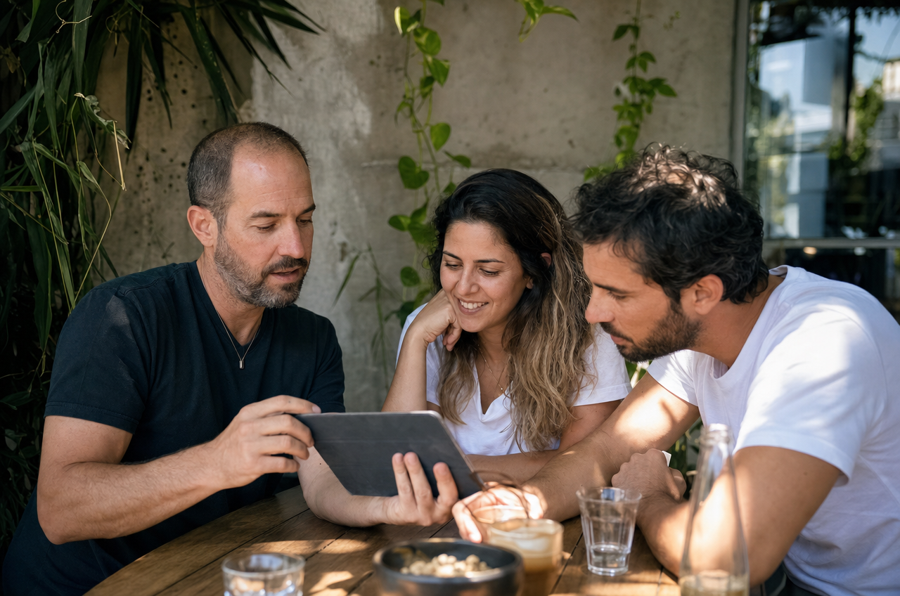 צלם מציג לזוג מתחתן הצעת מחיר דיגיטלית מתוך מערכת CRM לצלמים בפגישת ייעוץ.