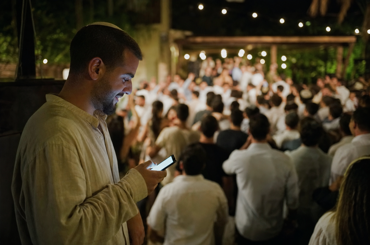 אורחת בחתונה משתמשת בטלפון בזמן שהחגיגה ברקע ממחישה את נוחות המתנה הדיגיטלית