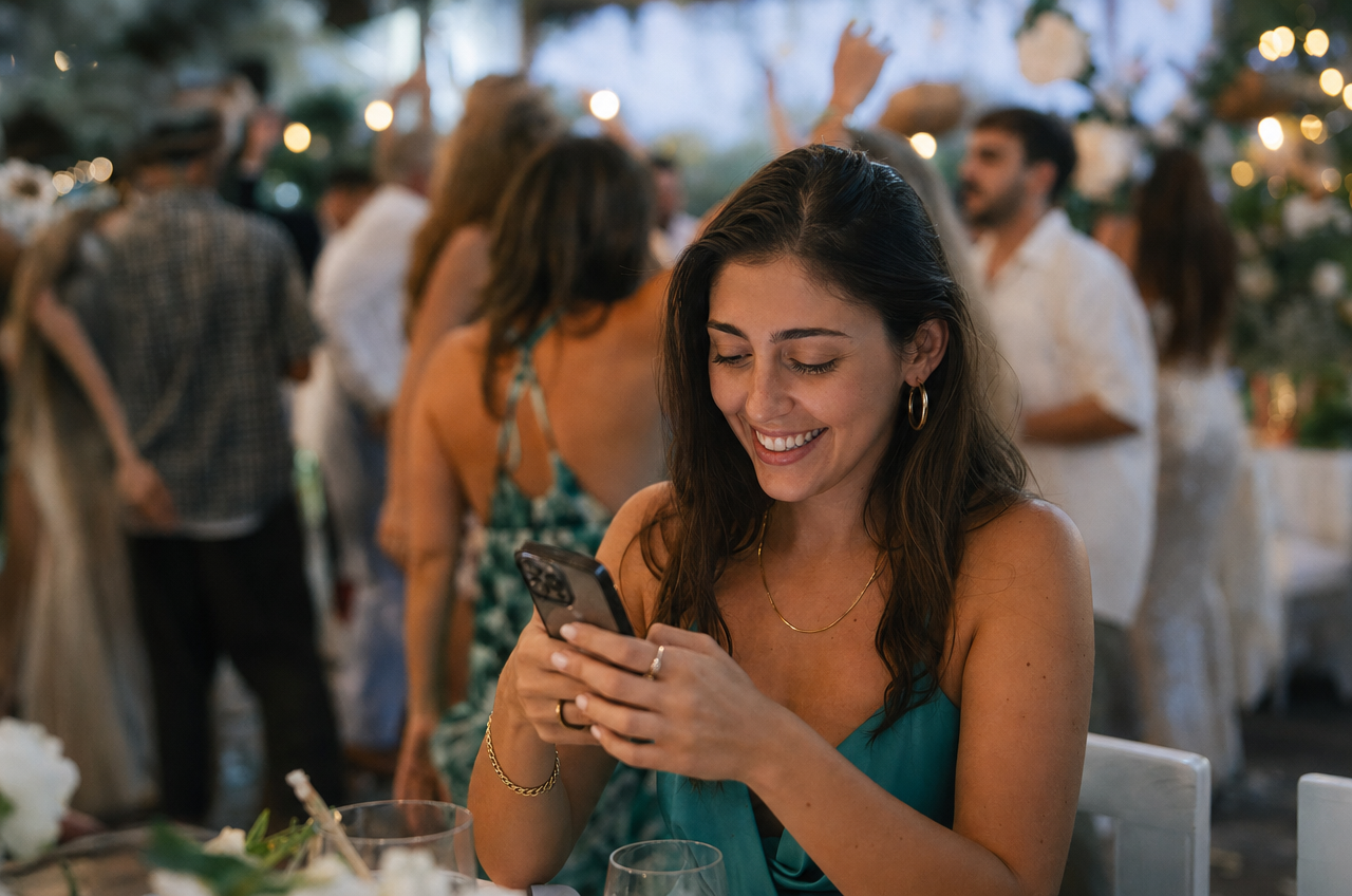 אורח בחתונה שולח מתנה דיגיטלית באשראי דרך הטלפון הנייד שלו