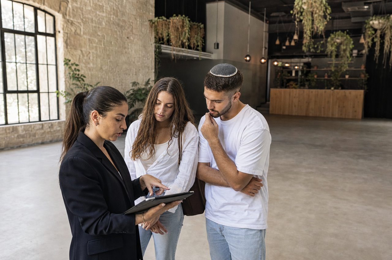 זוג מתכנן את סידור השולחנות באולם אירועים ריק עם מנהלת האירוע.