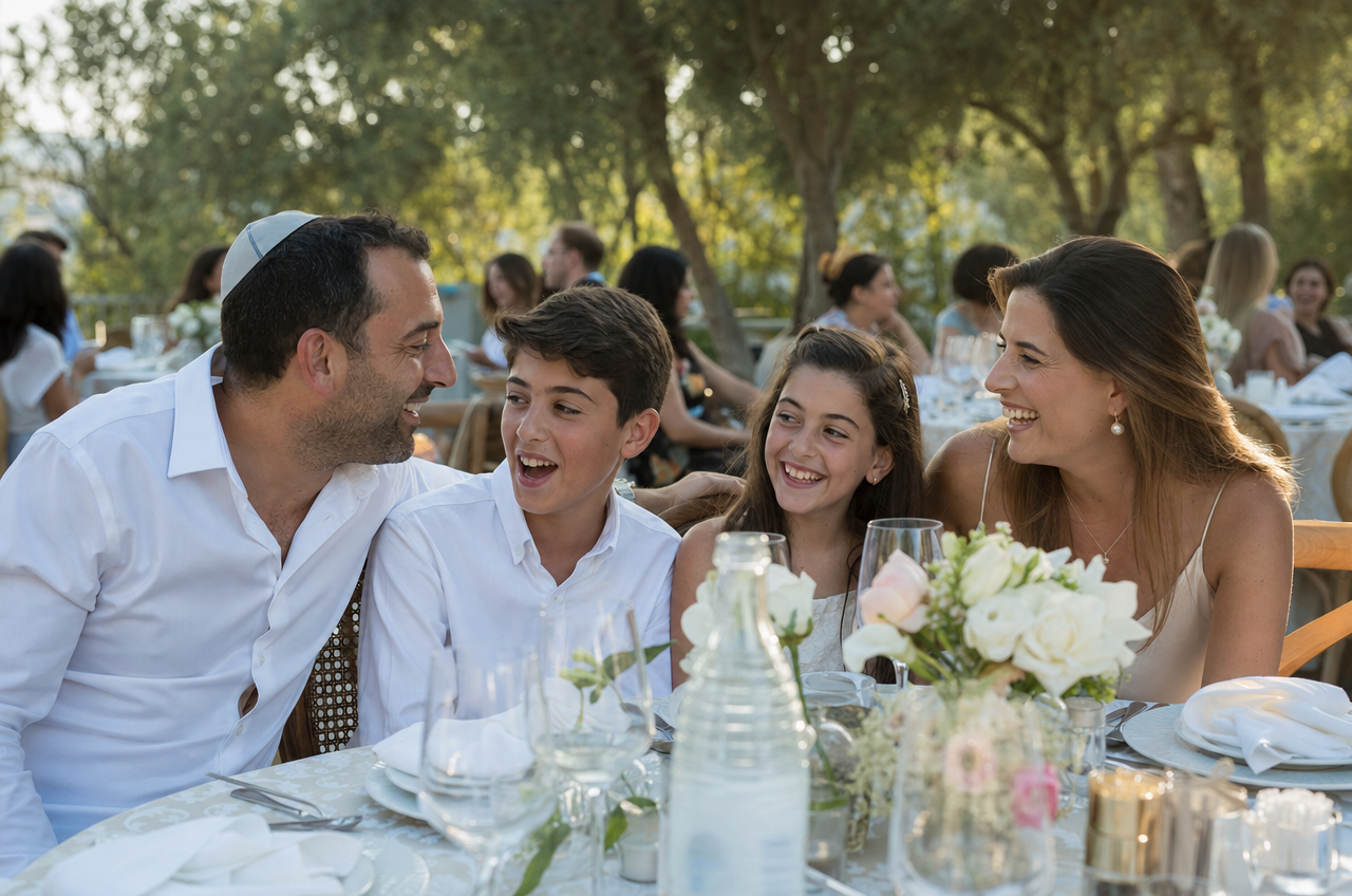 משפחה עם שני ילדים יושבת יחד בשולחן וצוחקת באירוע בת מצווה בגינה.