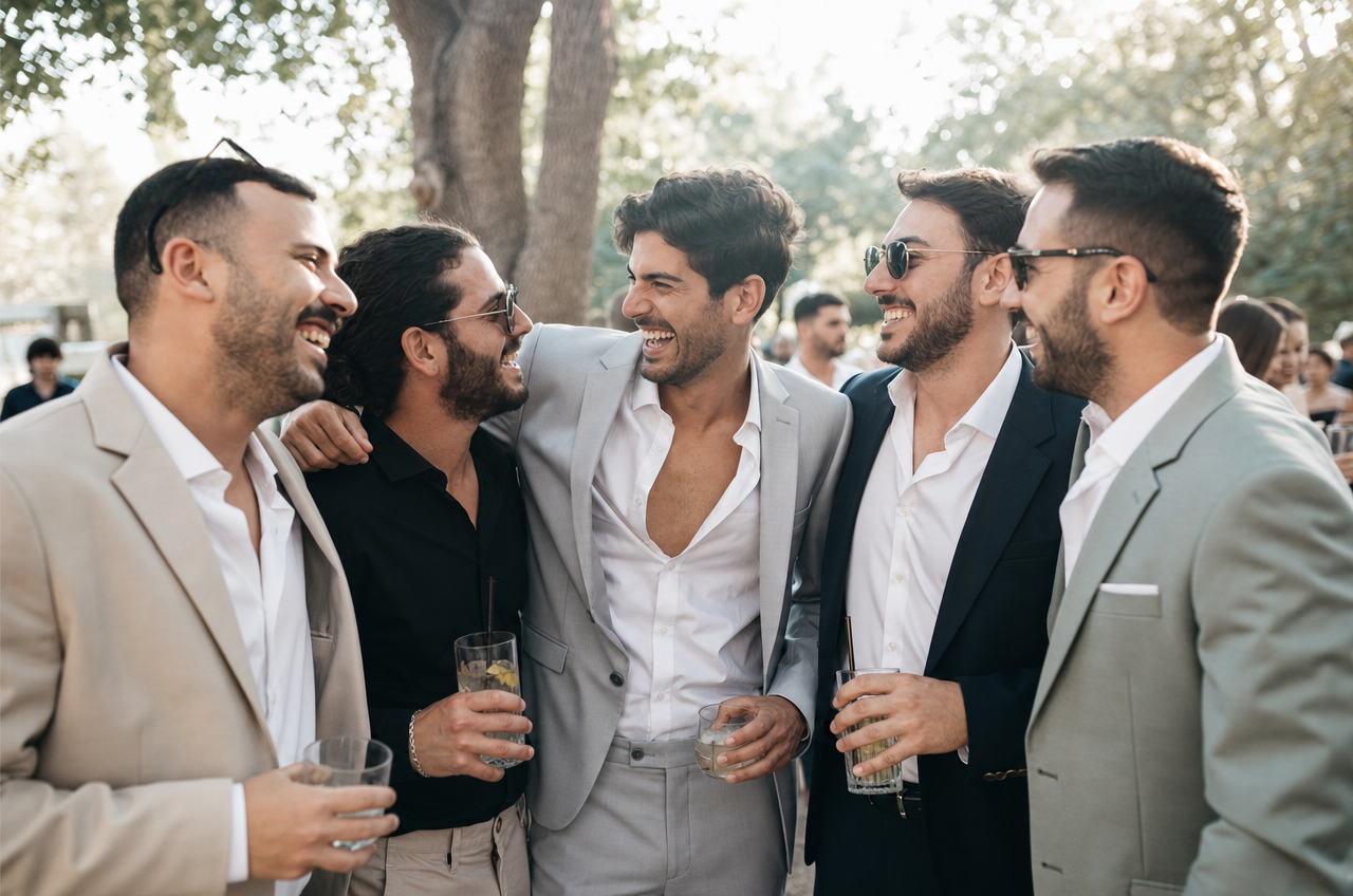קבוצת חברים קרובים צוחקת יחד ונותנת מתנה משותפת לחתונה