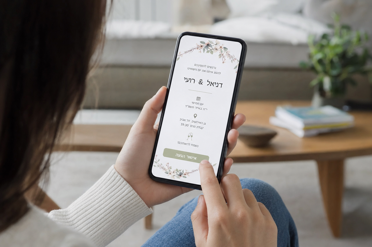 אורחת מאשרת הגעה לחתונה בקלות דרך הטלפון הנייד שלה באמצעות מערכת נוחה.