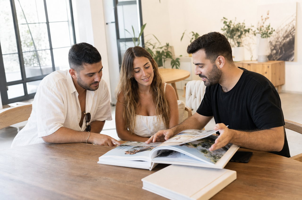 זוג צעיר בפגישת ייעוץ עם צלם חתונות לקראת סגירת חוזה