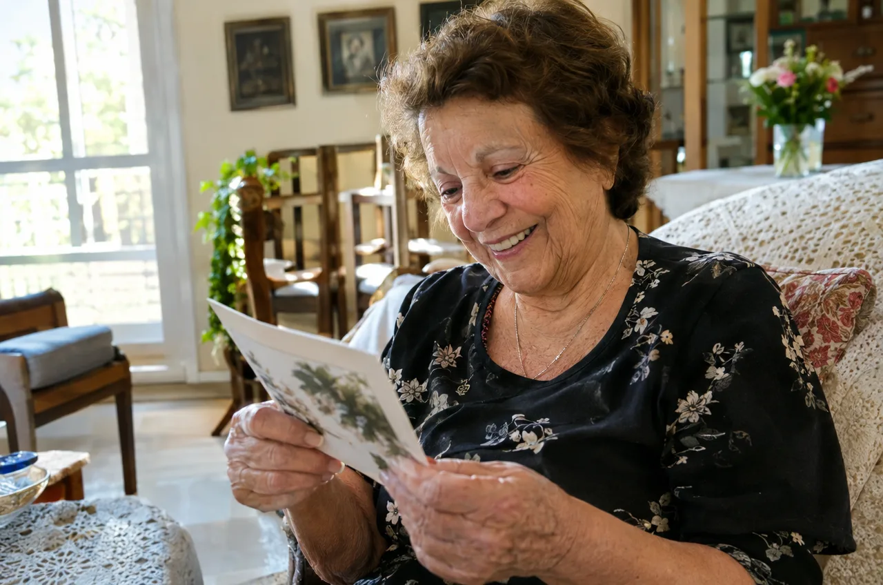 סבתא ישראלית מחייכת כשהיא מקבלת הזמנה מודפסת לחתונה של נכדיה.