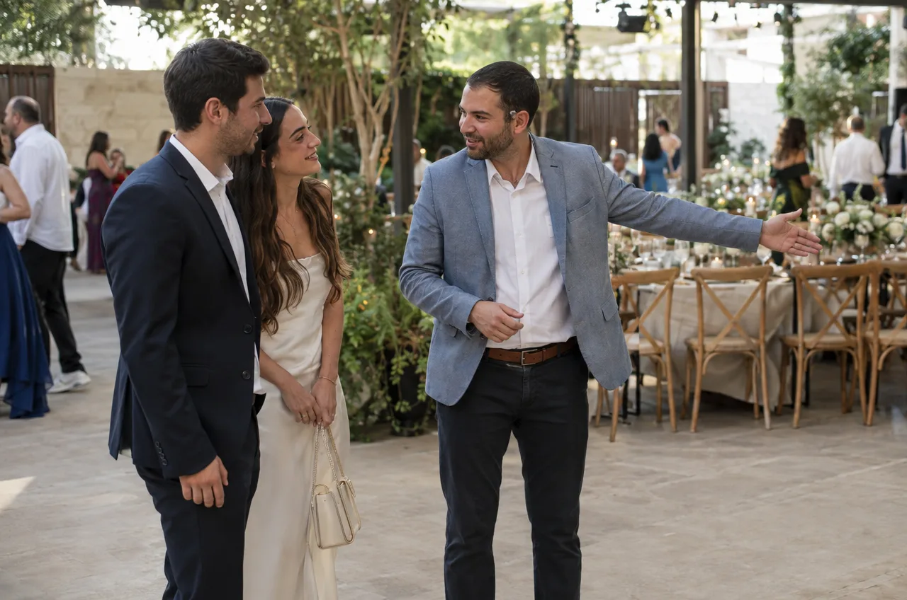 מנהל אירוע מסייע לאורחים שהגיעו בלי לאשר הגעה למצוא מקום ישיבה.