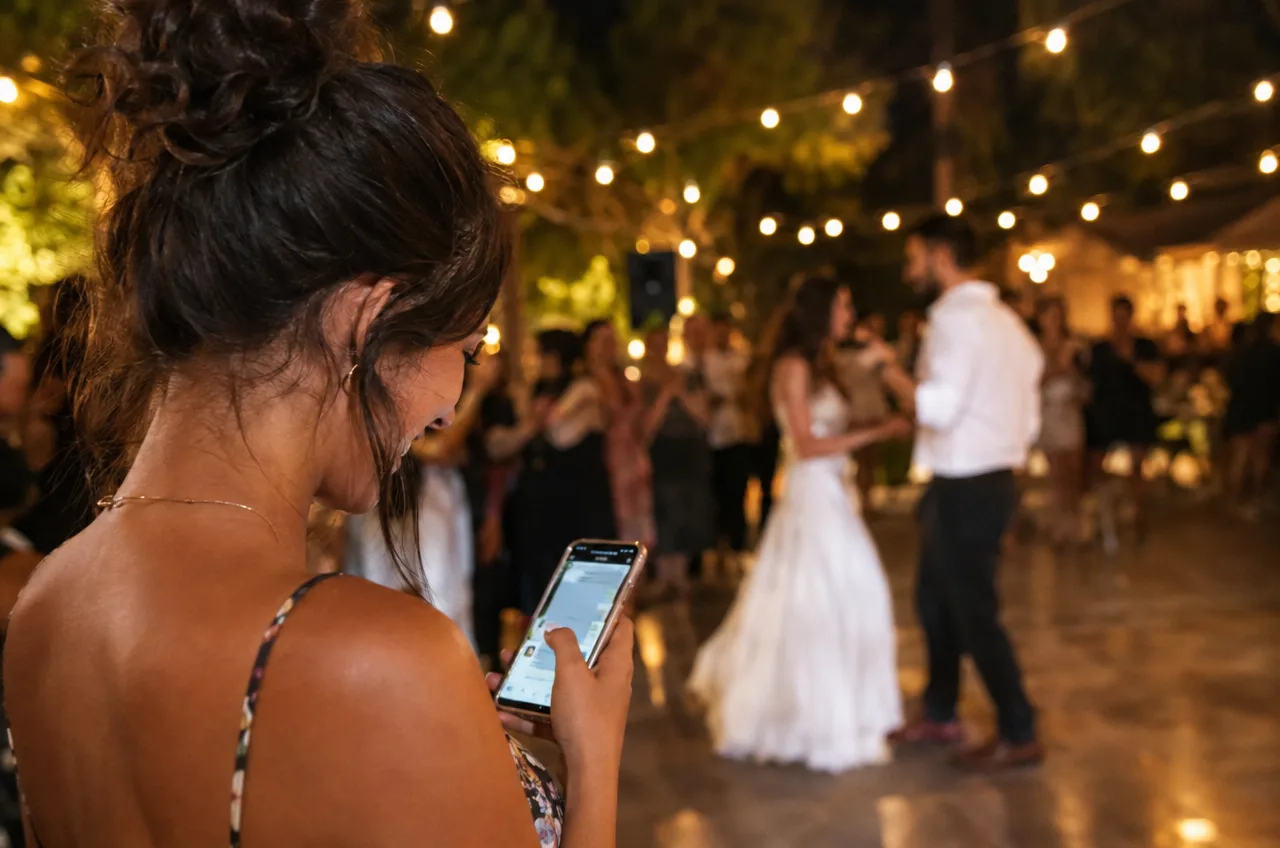 אורחת בחתונה מחייכת למראה הודעה ביום האירוע עם פרטים אחרונים