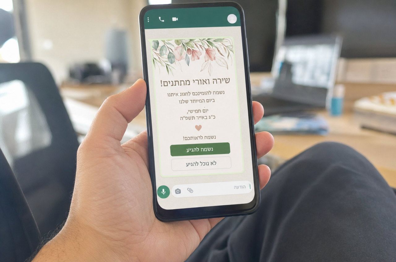 תקריב של טלפון המציג הודעת אישור הגעה לחתונה בוואטסאפ עם כפתורים.