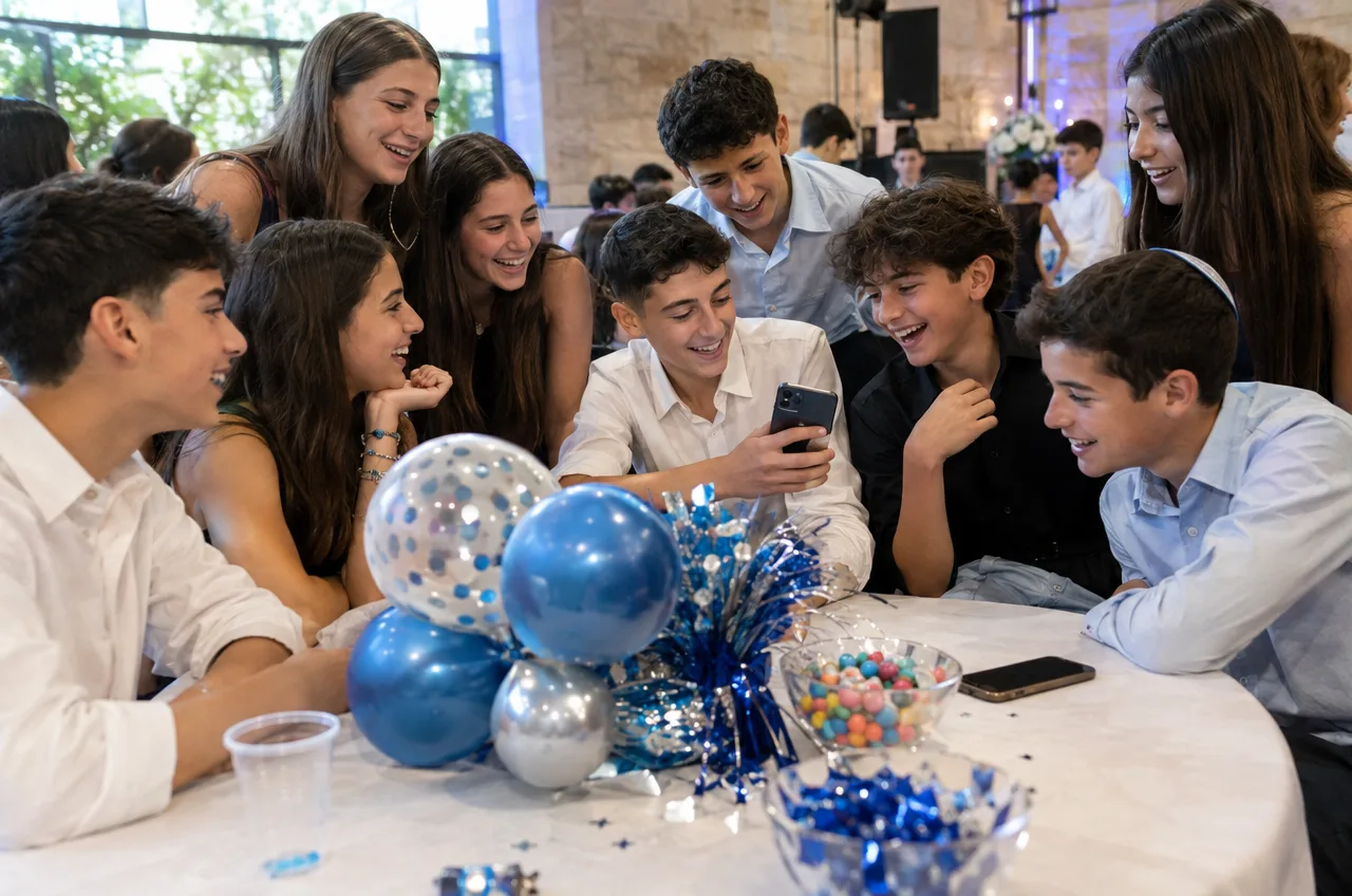 שולחן ילדים נפרד ושמח באירוע בר מצווה עם חברים מהכיתה.