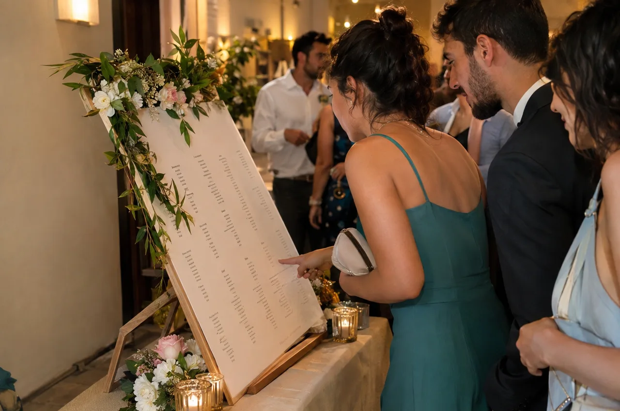 אורחים מוצאים את מקומם באמצעות רשימת סידורי הושבה בכניסה לאולם.