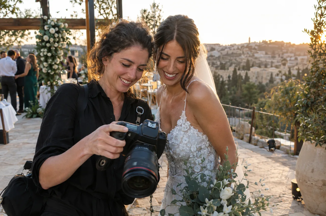צלמת חתונות מציגה תמונה לזוג, תוך התייחסות לזכויות היוצרים בחוזה הצילום.