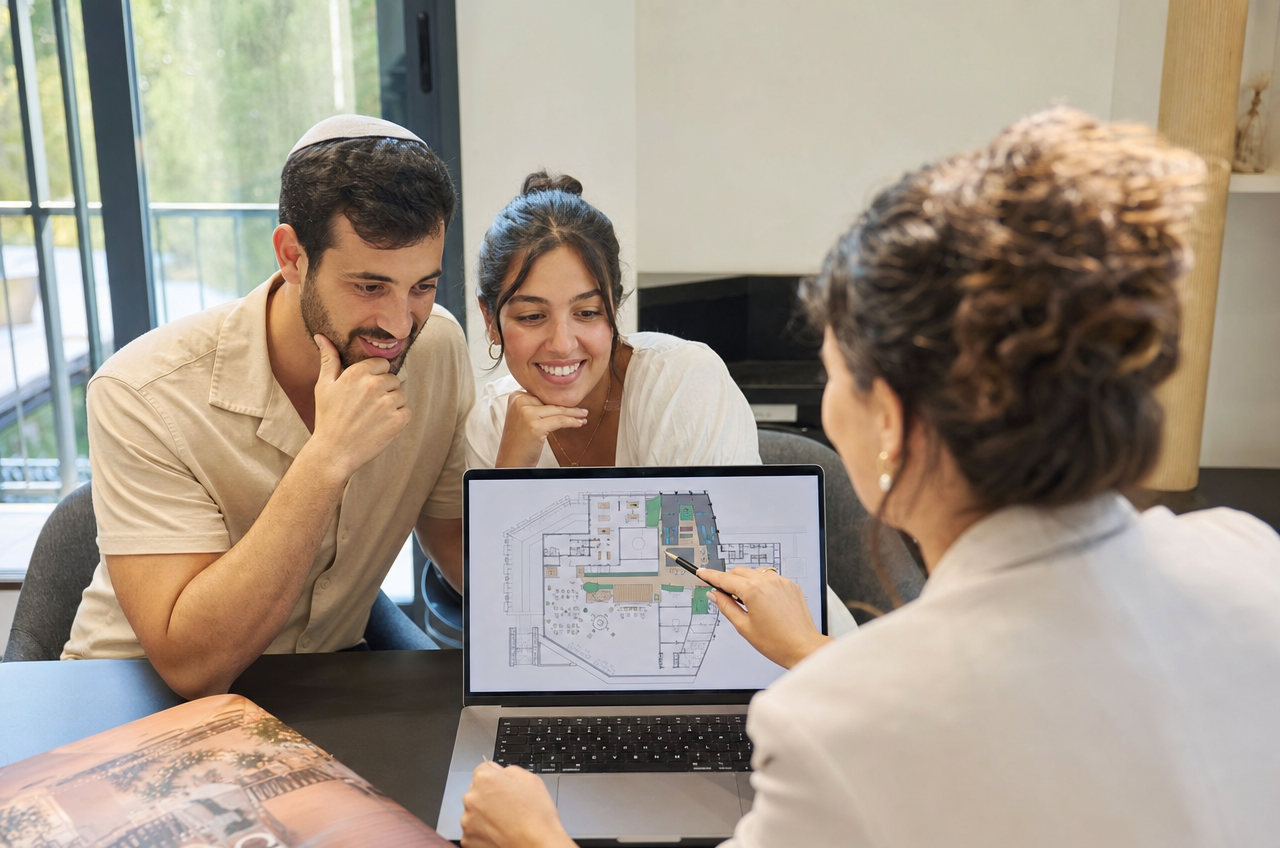 זוג צעיר בפגישת ייעוץ עם מנהלת מכירות באולם אירועים, מתכננים את החתונה שלהם.