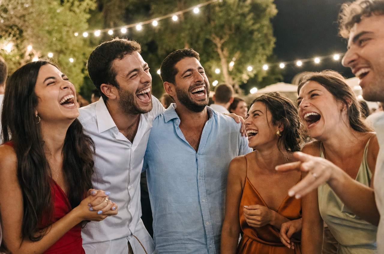אורחים צעירים צוחקים במסיבת חתונה עם אווירה קלילה וטקסט הזמנה מצחיק.