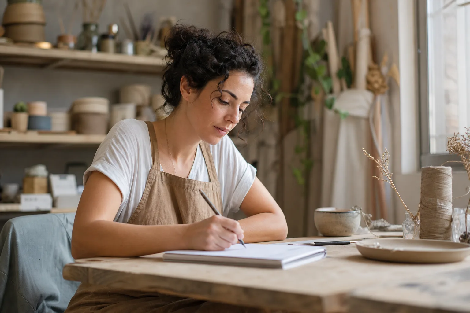 בעלת עסק כותבת תבנית תסריט לסרטון שיווקי על פנקס.
