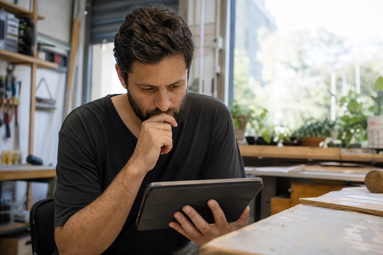 A small business owner examines the limitations of AI videos on his tablet.