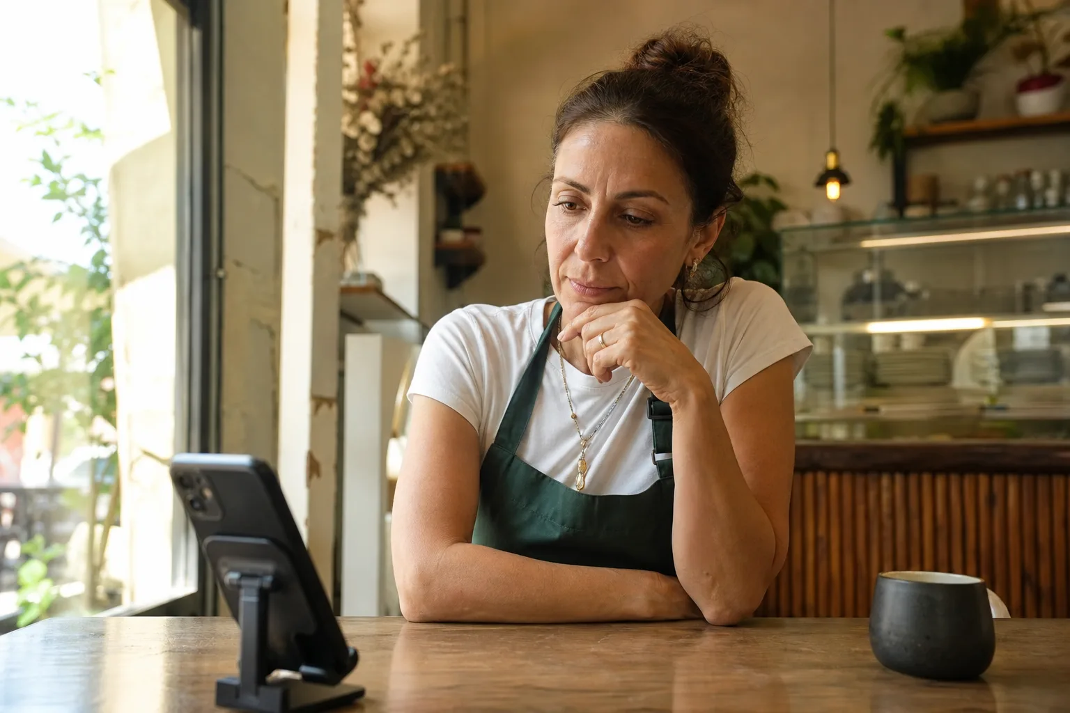 בעלת עסק קטן מנתחת נתונים מהטיקטוק של העסק שלה בבית קפה.