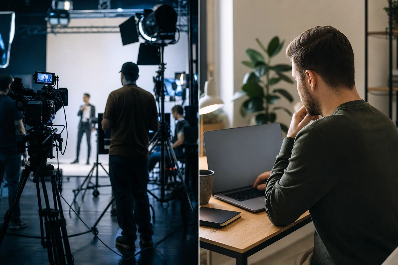 A comparison between the cost of traditional video production and creating AI video on a computer.