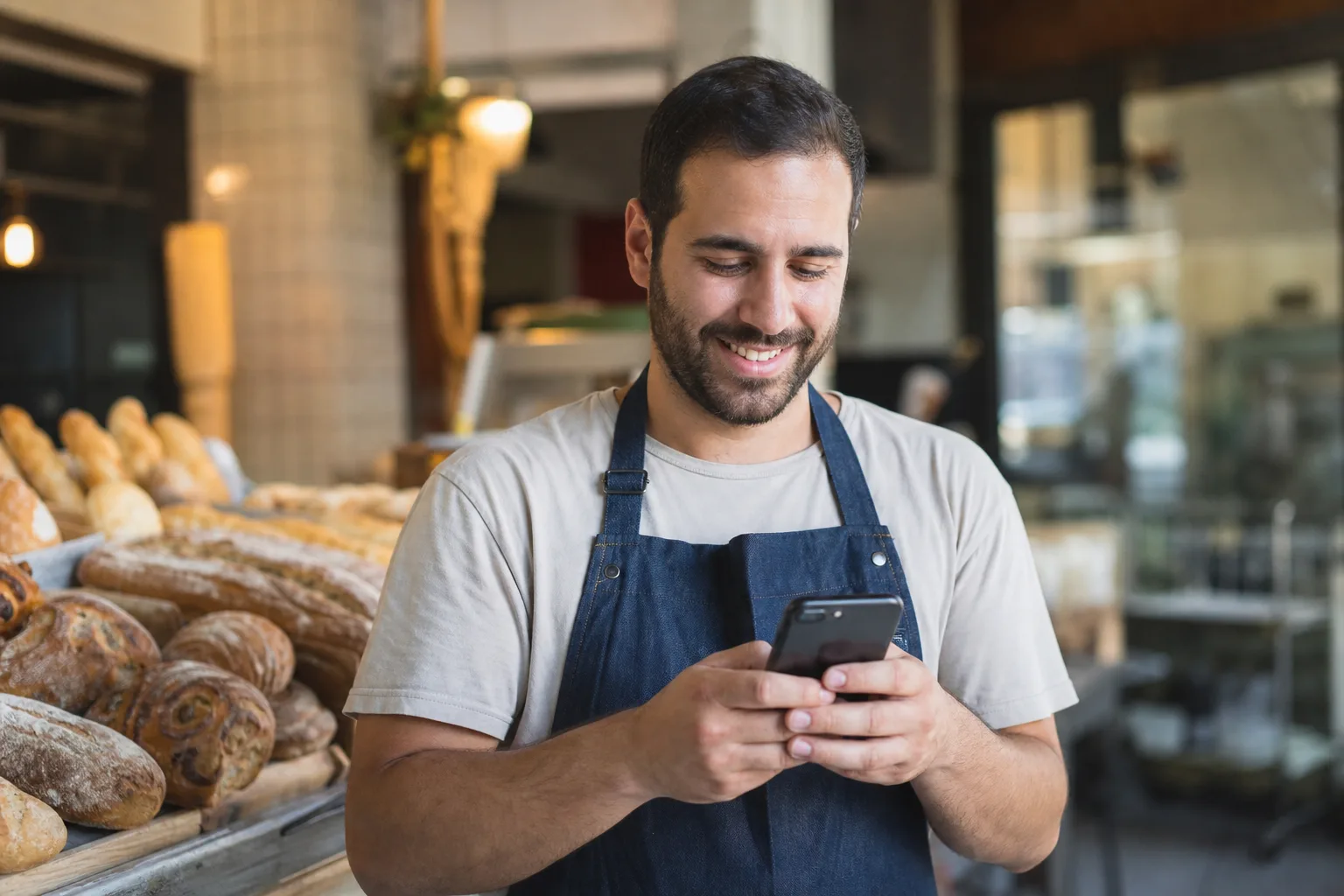 A small business owner checks his phone for leads that came from the videos he published