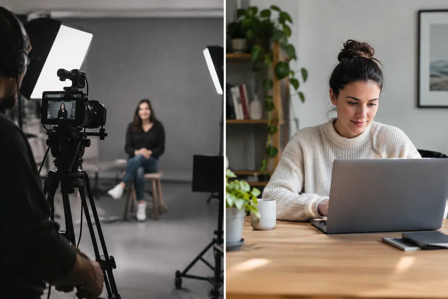 A comparison between traditional video production with a film crew and one person creating an AI video on a computer.