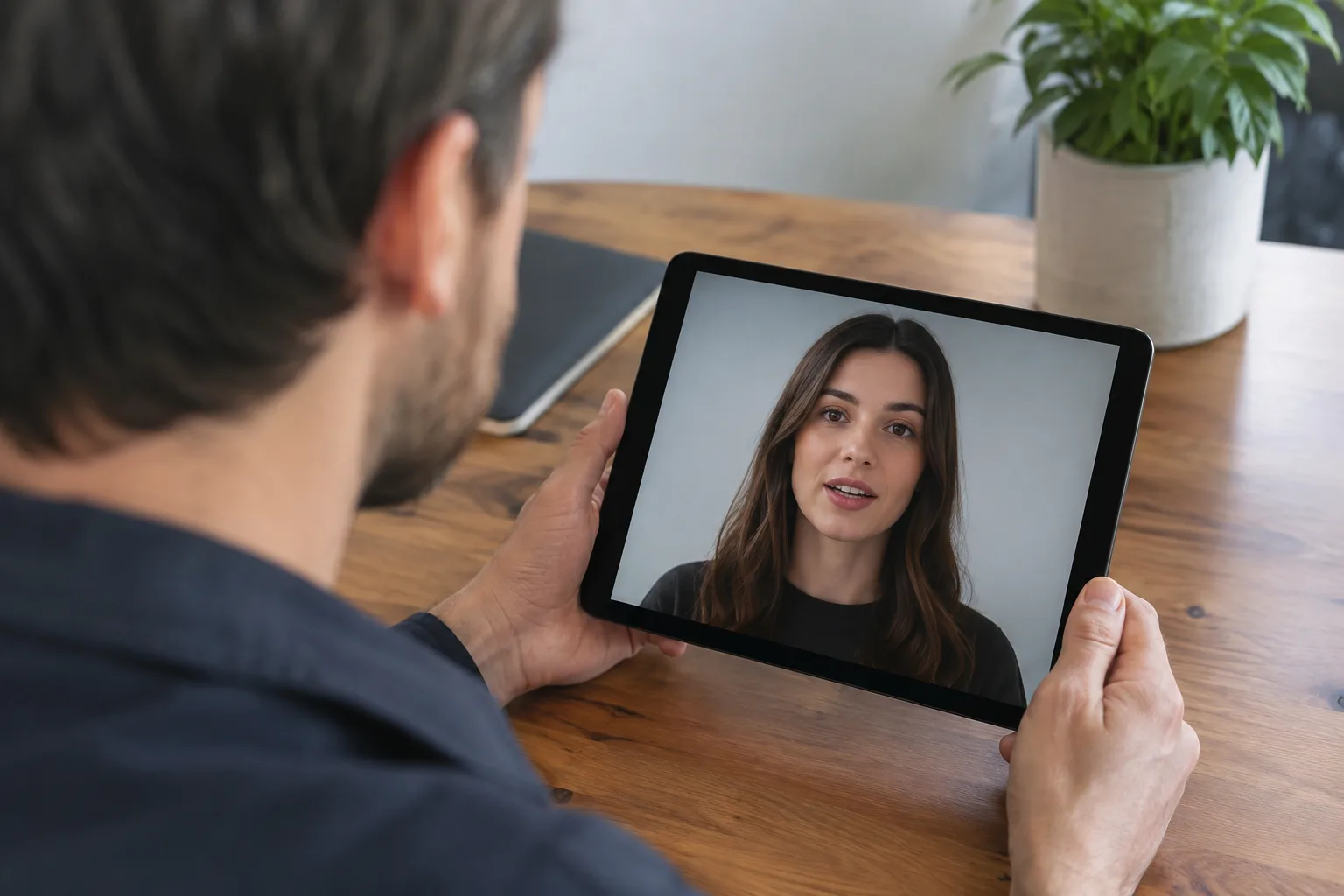 A business owner examines the lip-sync quality of a digital presenter in a marketing video.