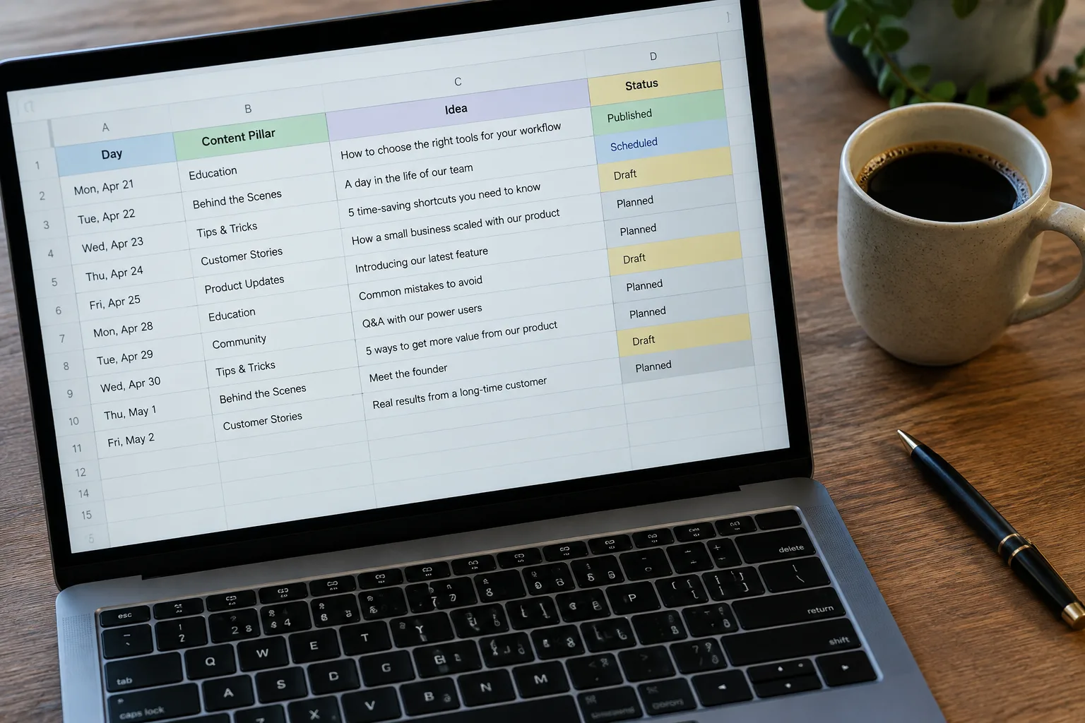 A simple weekly content calendar template for a small business displayed on a laptop screen.