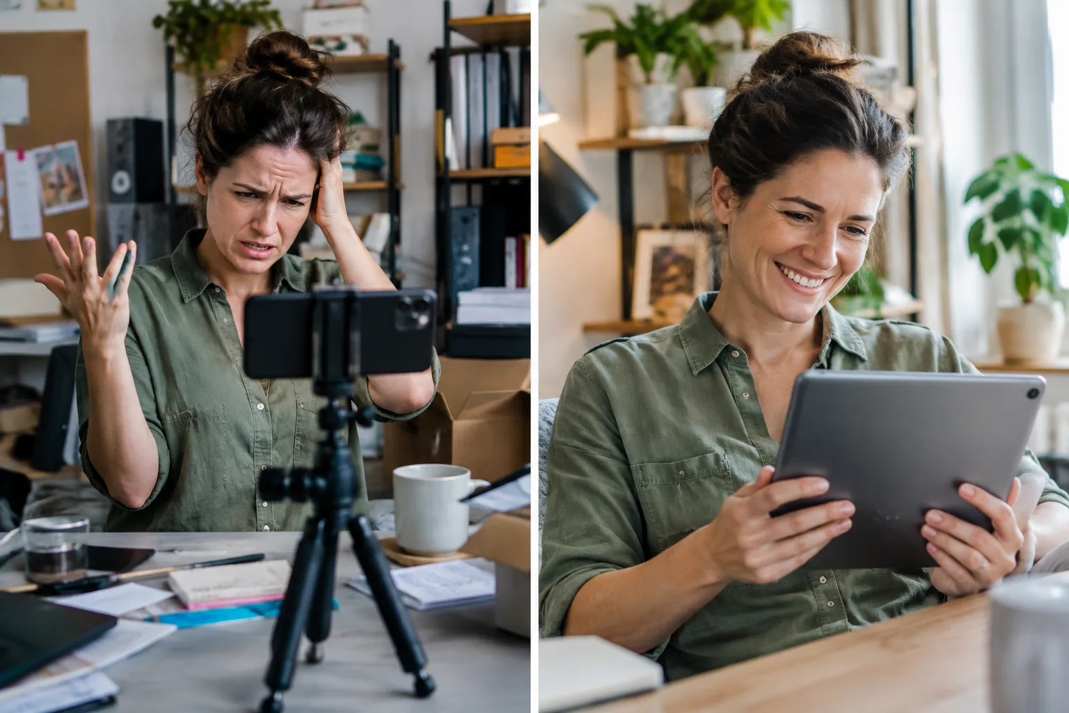A comparison between a business owner trying to film a video themselves versus using an AI system for automatic video creation.