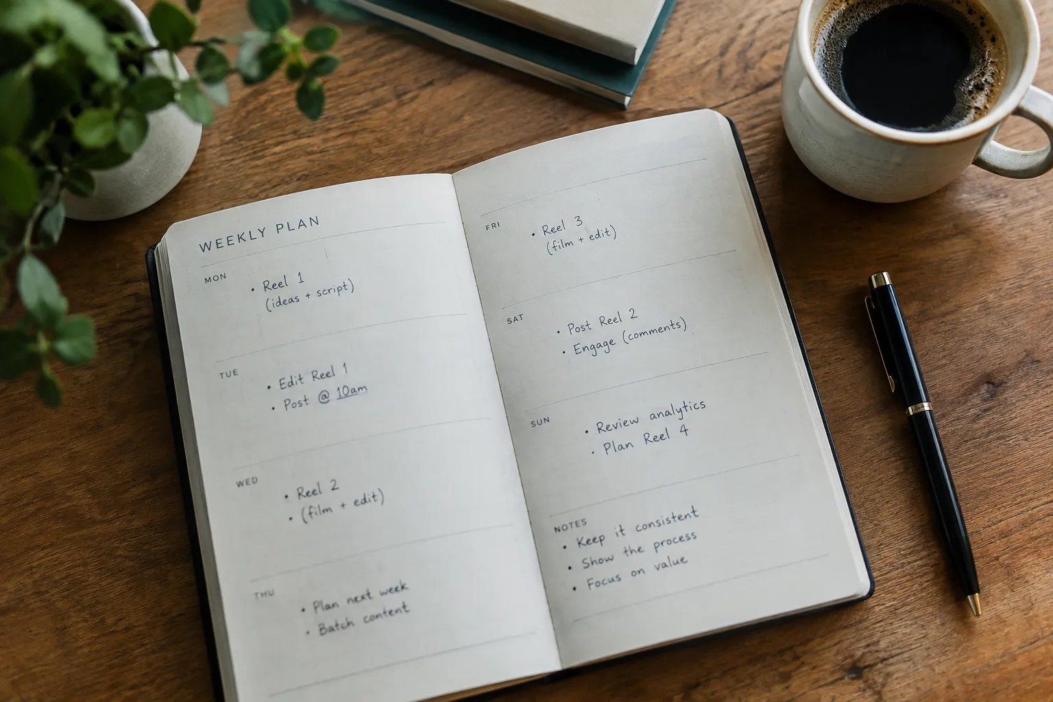 A weekly planner with a schedule for posting Reels to create consistency.