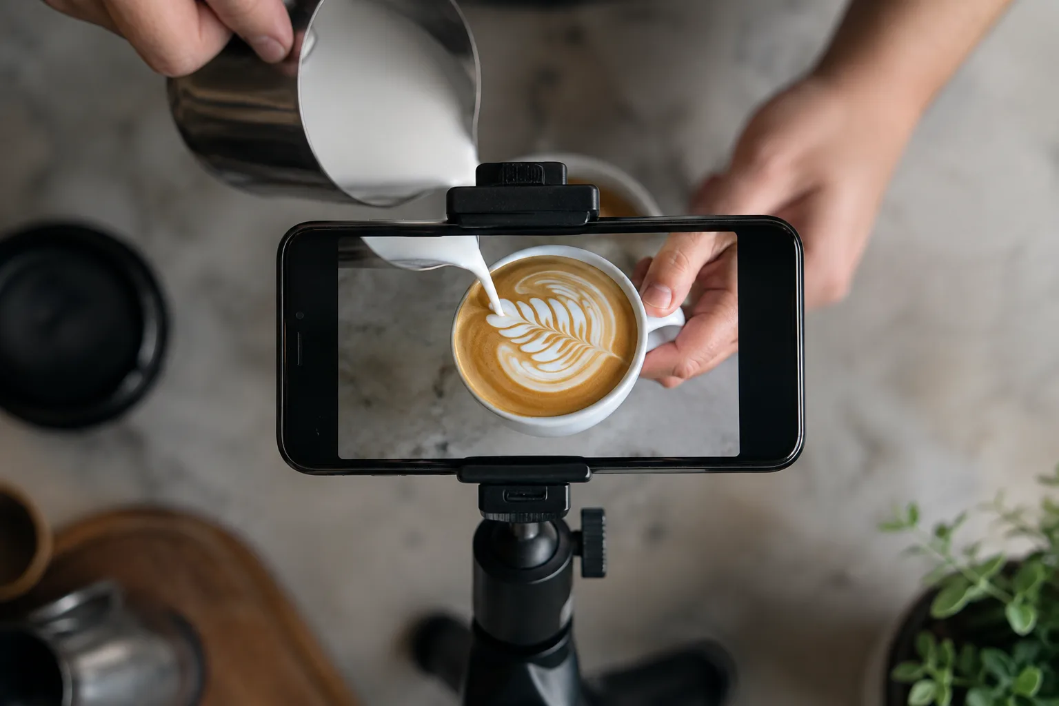 A smartphone on a tripod filming a TikTok video of a creation process at a local business.