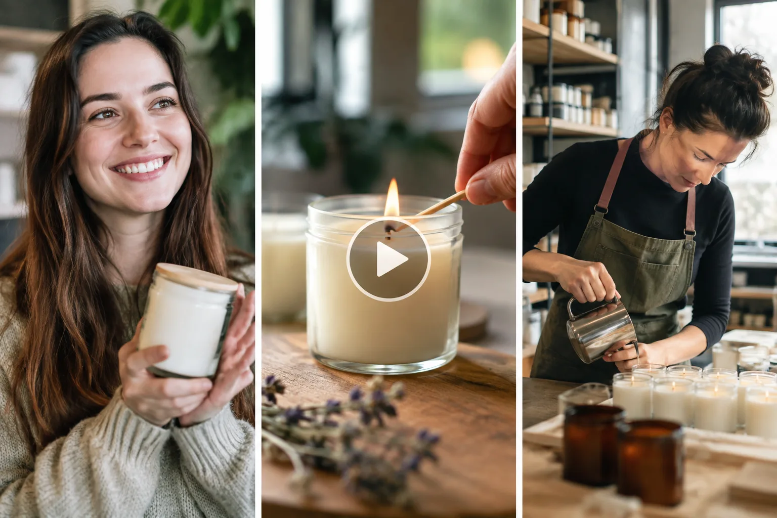 A collage of content ideas for a business Facebook page, including a customer testimonial and a behind-the-scenes photo.