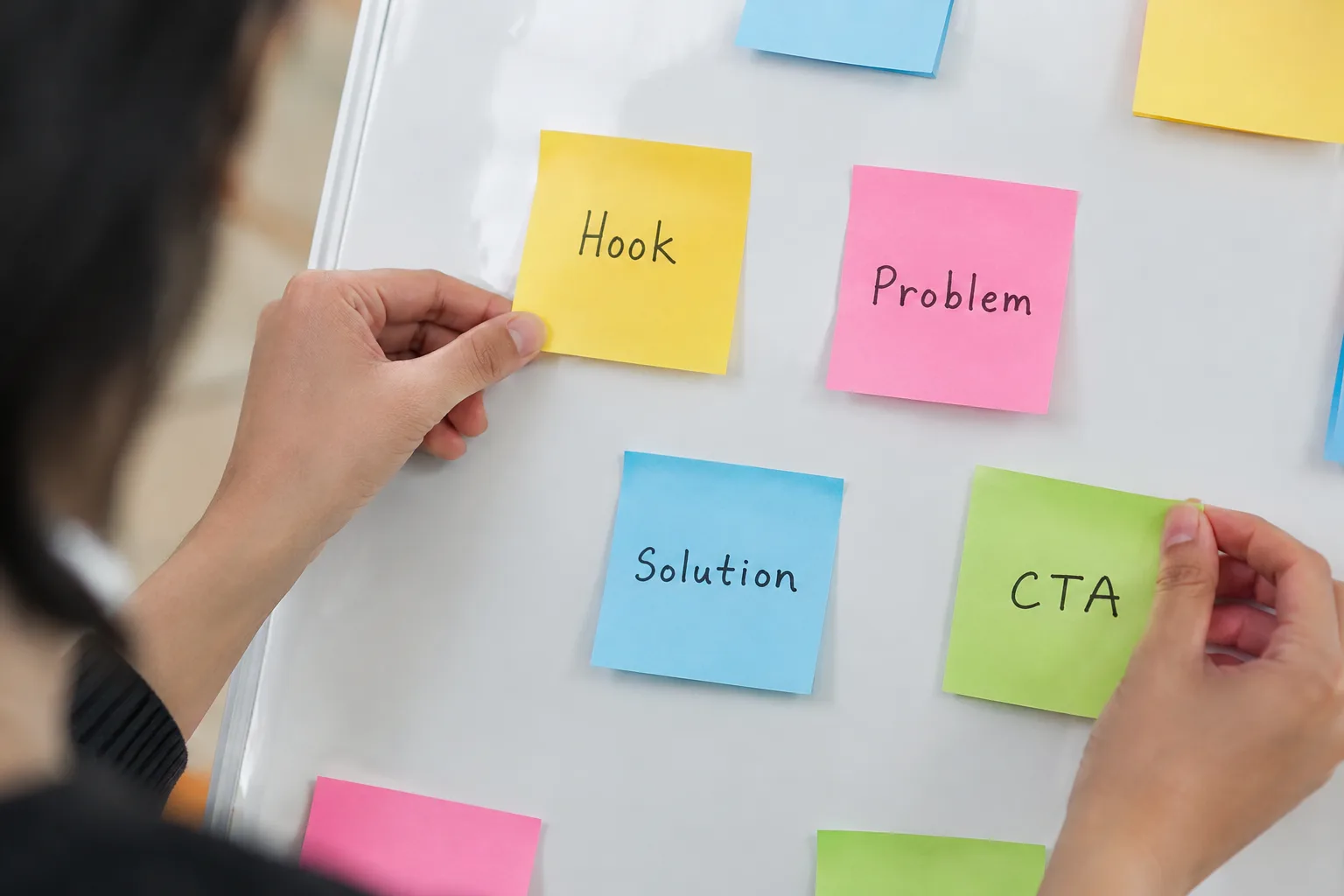 Planning a marketing video script structure on a board with sticky notes.