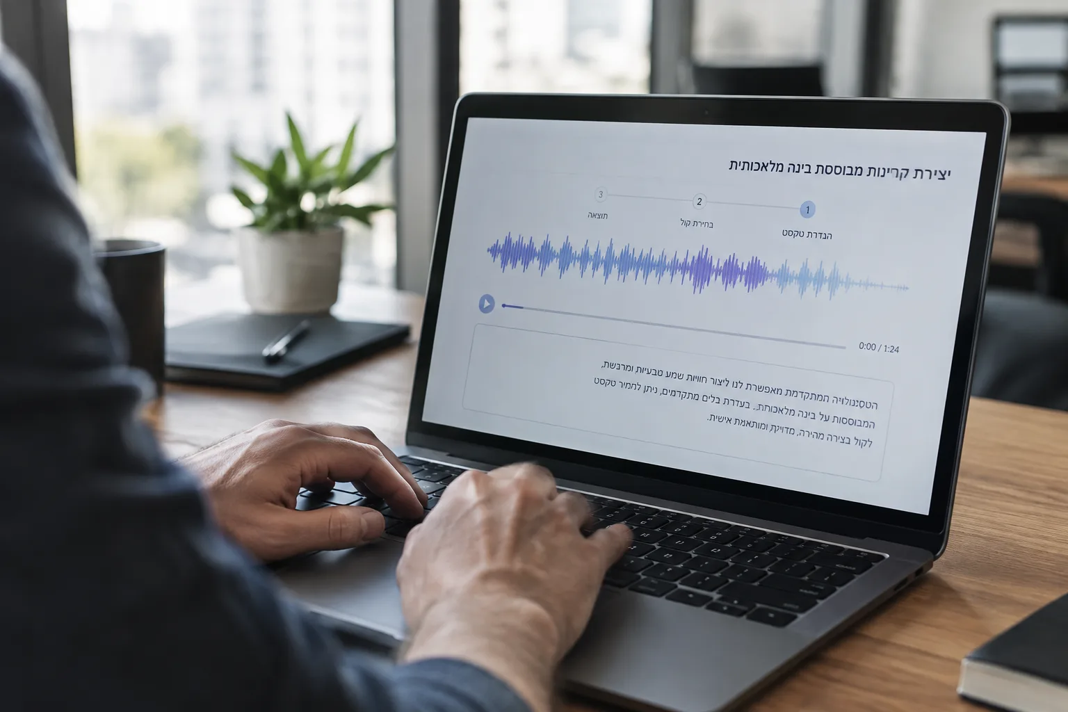 A lawyer using AI technology to create narration for a marketing video.