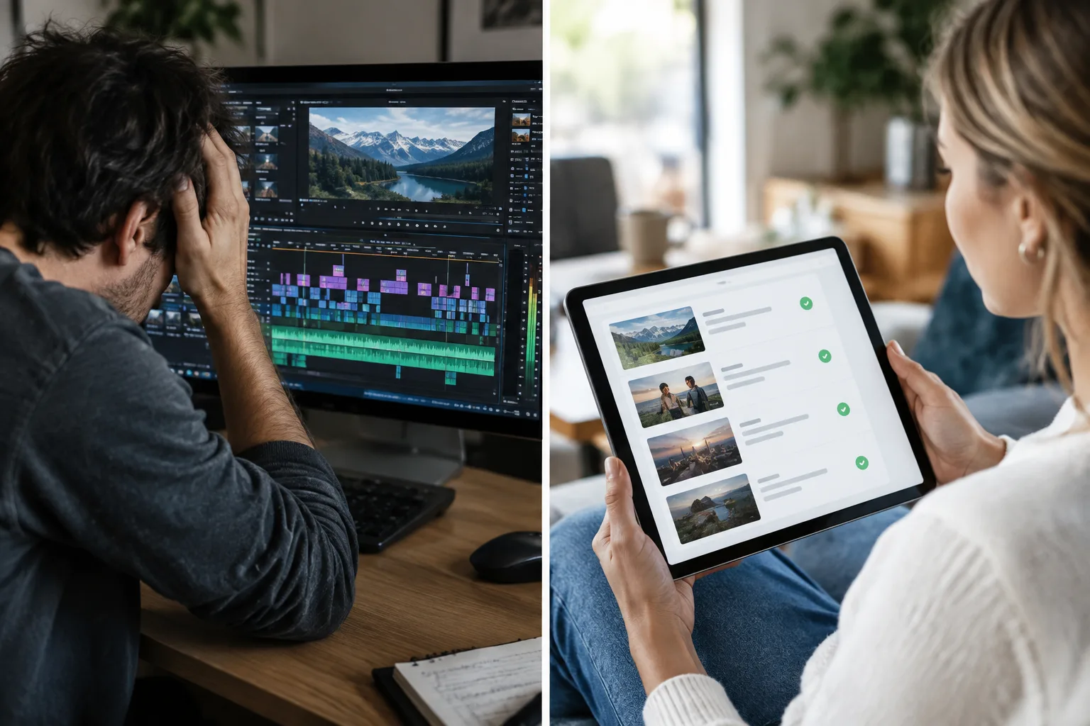 Comparison between a complex video production process and the simple use of an AI marketing platform.