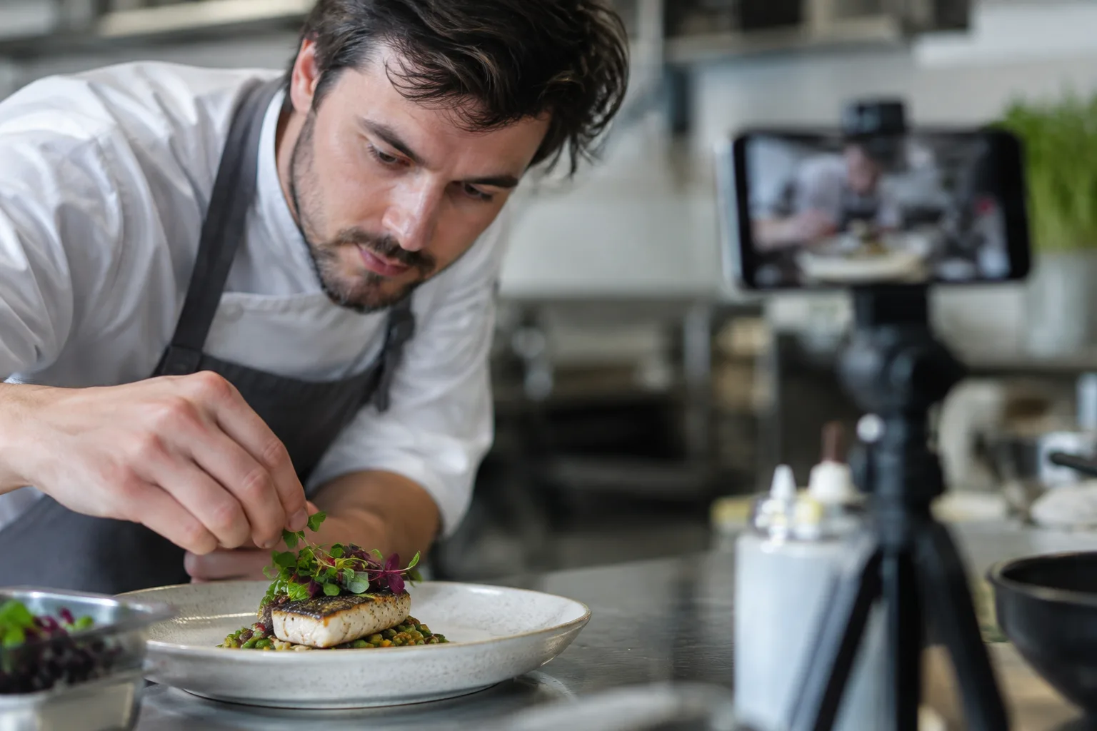 A chef prepares a dish for a restaurant and films a video for social media.