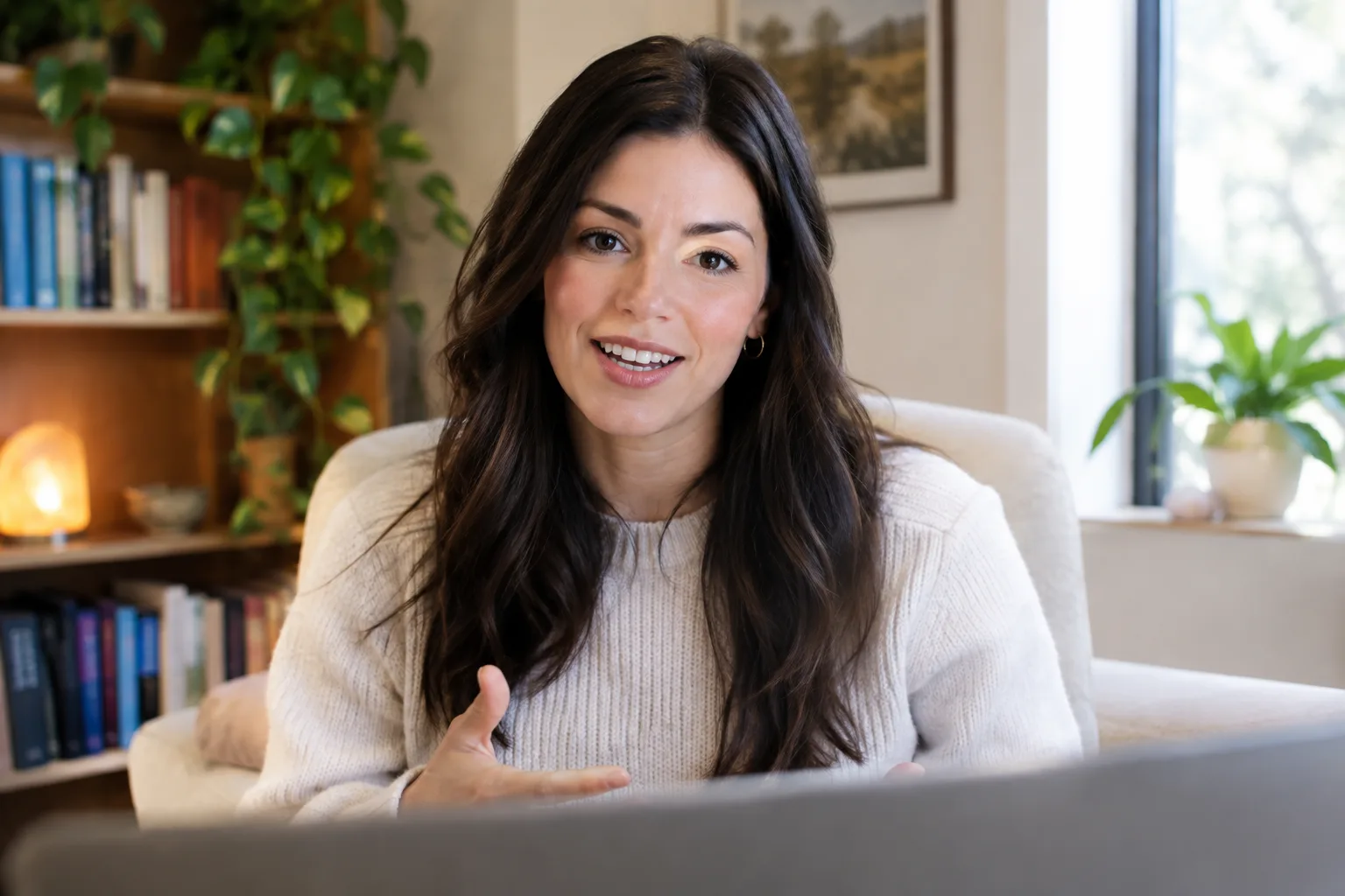 A business consultant films a professional video in her office.