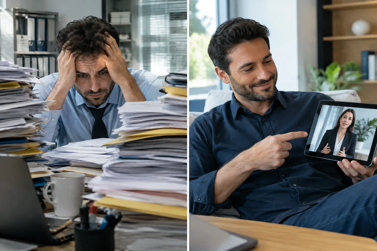 Comparison between the workload of an insurance agent without digital tools and the ease of creating AI videos.