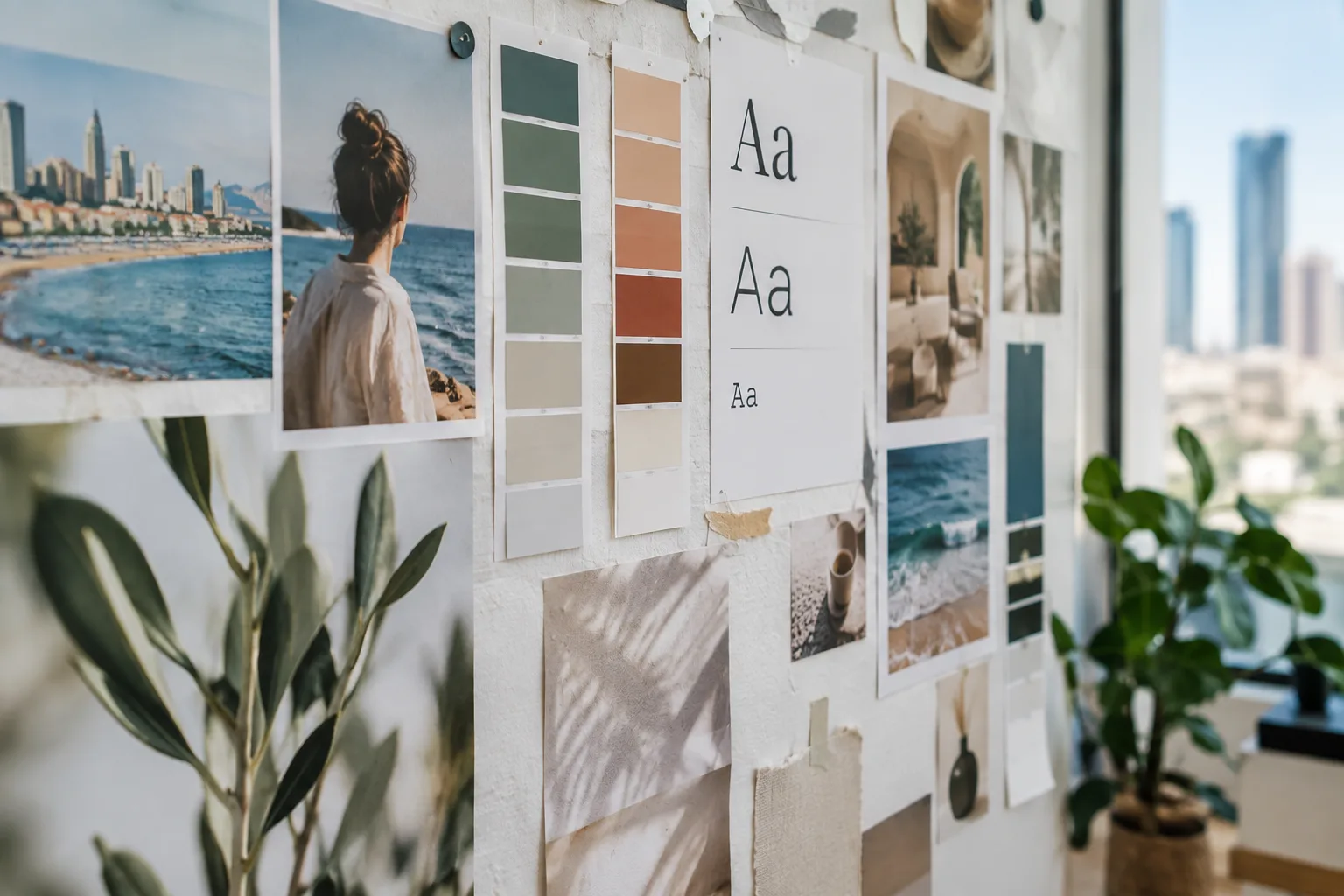 An inspiration board with colors and fonts for building a brand's visual identity.