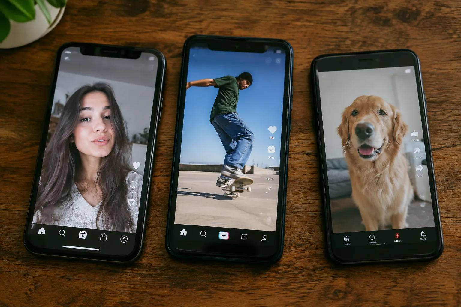 A comparison of the user interfaces of Reels, TikTok, and Shorts on smartphones.