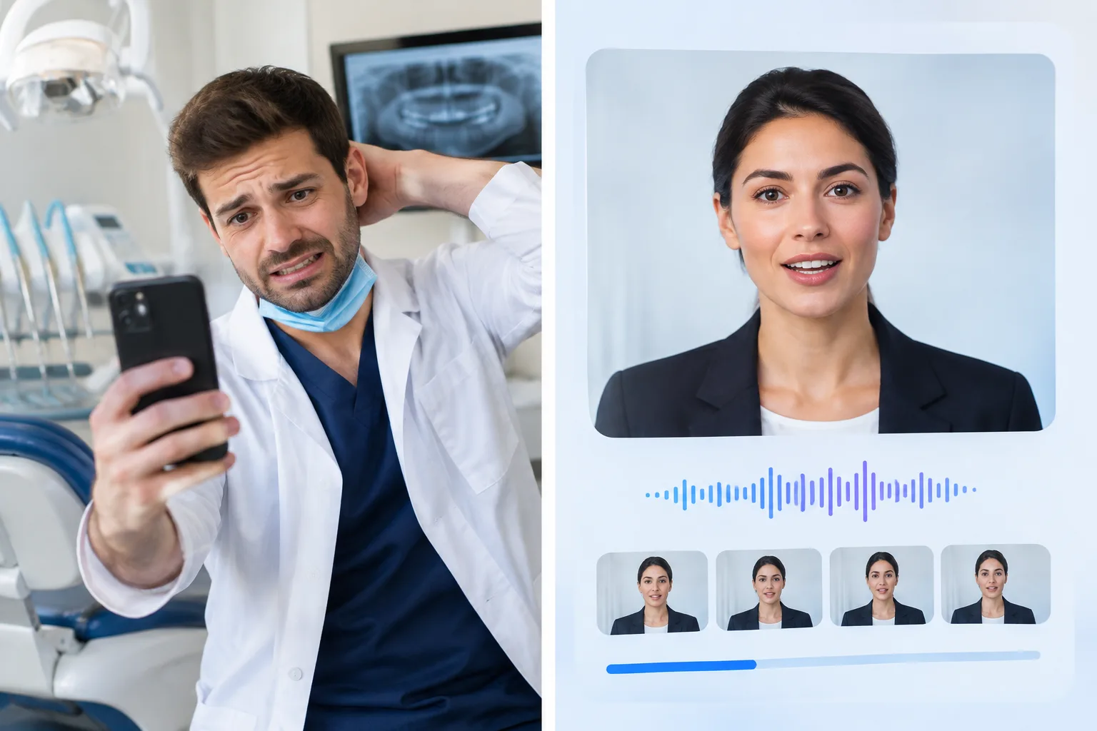 A comparison between a dentist trying to film himself and an AI-generated digital presenter.