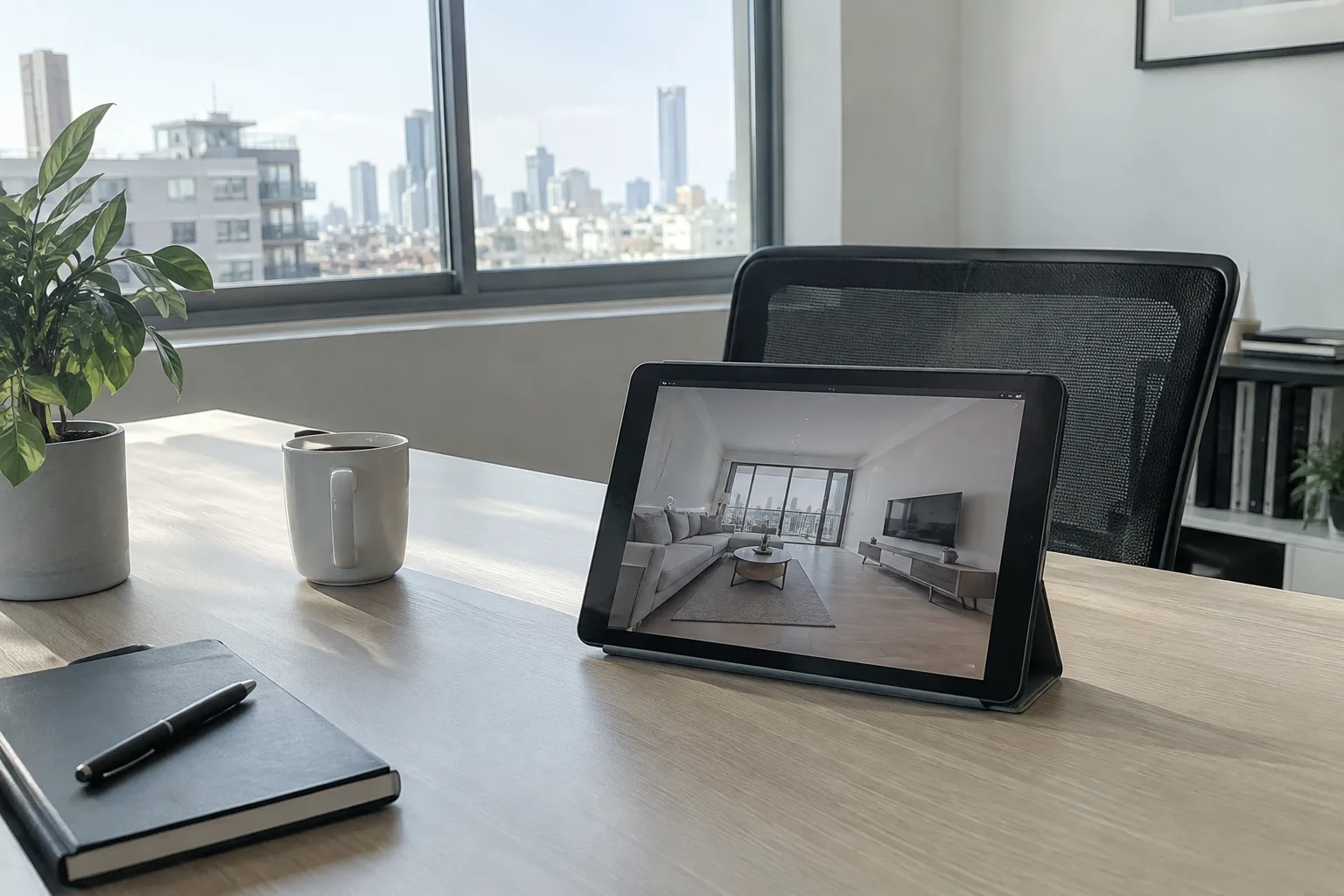 A real estate agent plans a video marketing strategy in a modern office.