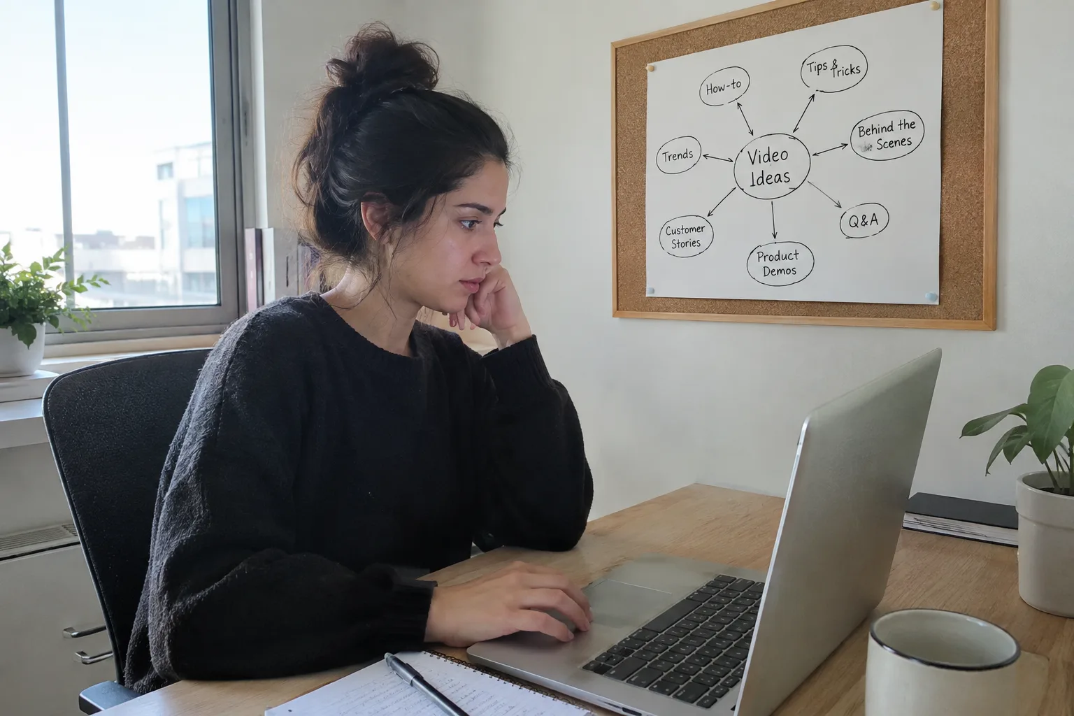 A small business owner plans her video content strategy using content pillars on a corkboard in her office.