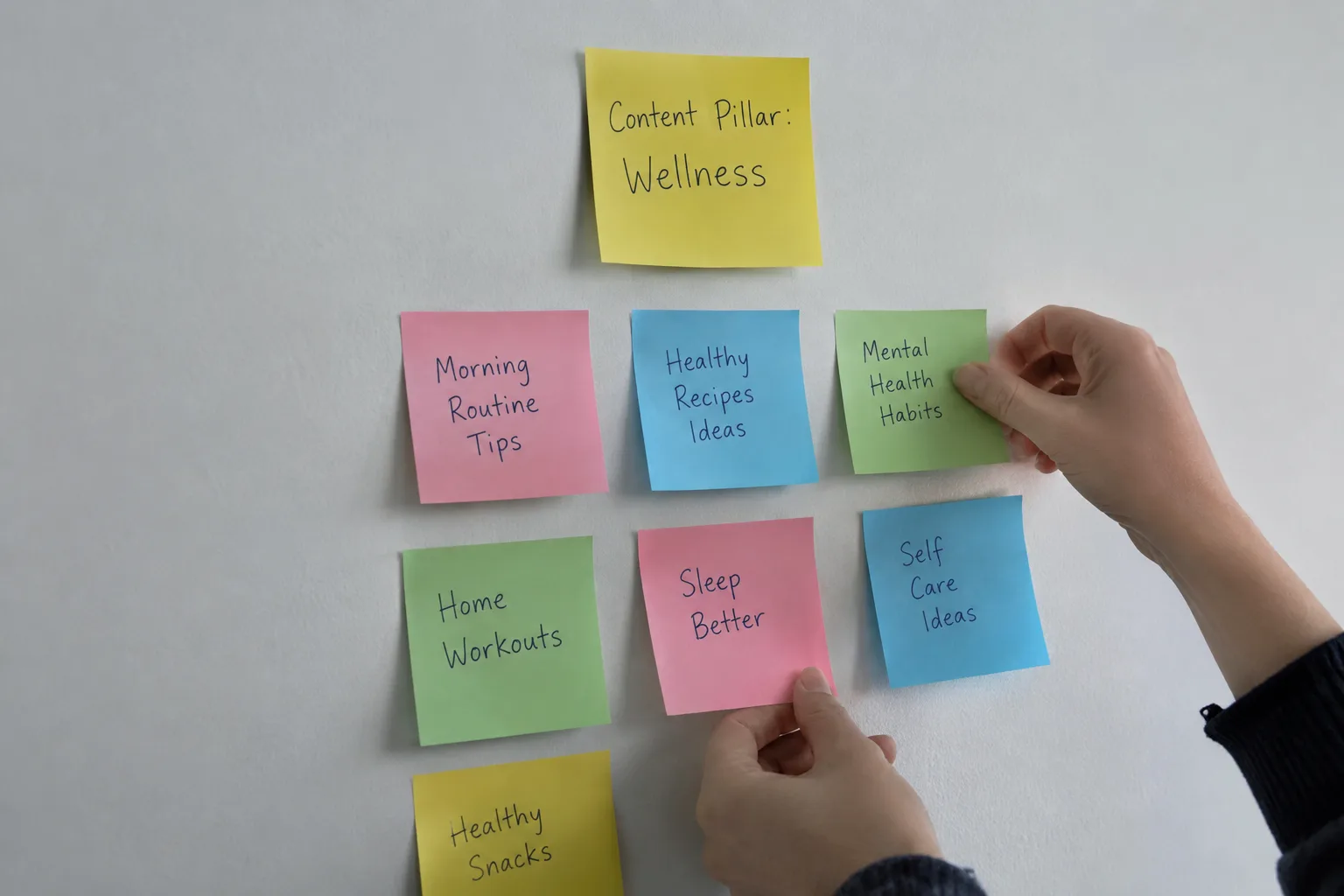 Hands arranging colorful sticky notes on a wall, representing the process of breaking down a content pillar into video ideas.