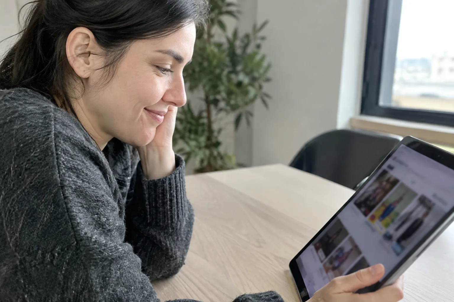 A small business owner looks satisfied at an automated content calendar generated by artificial intelligence.