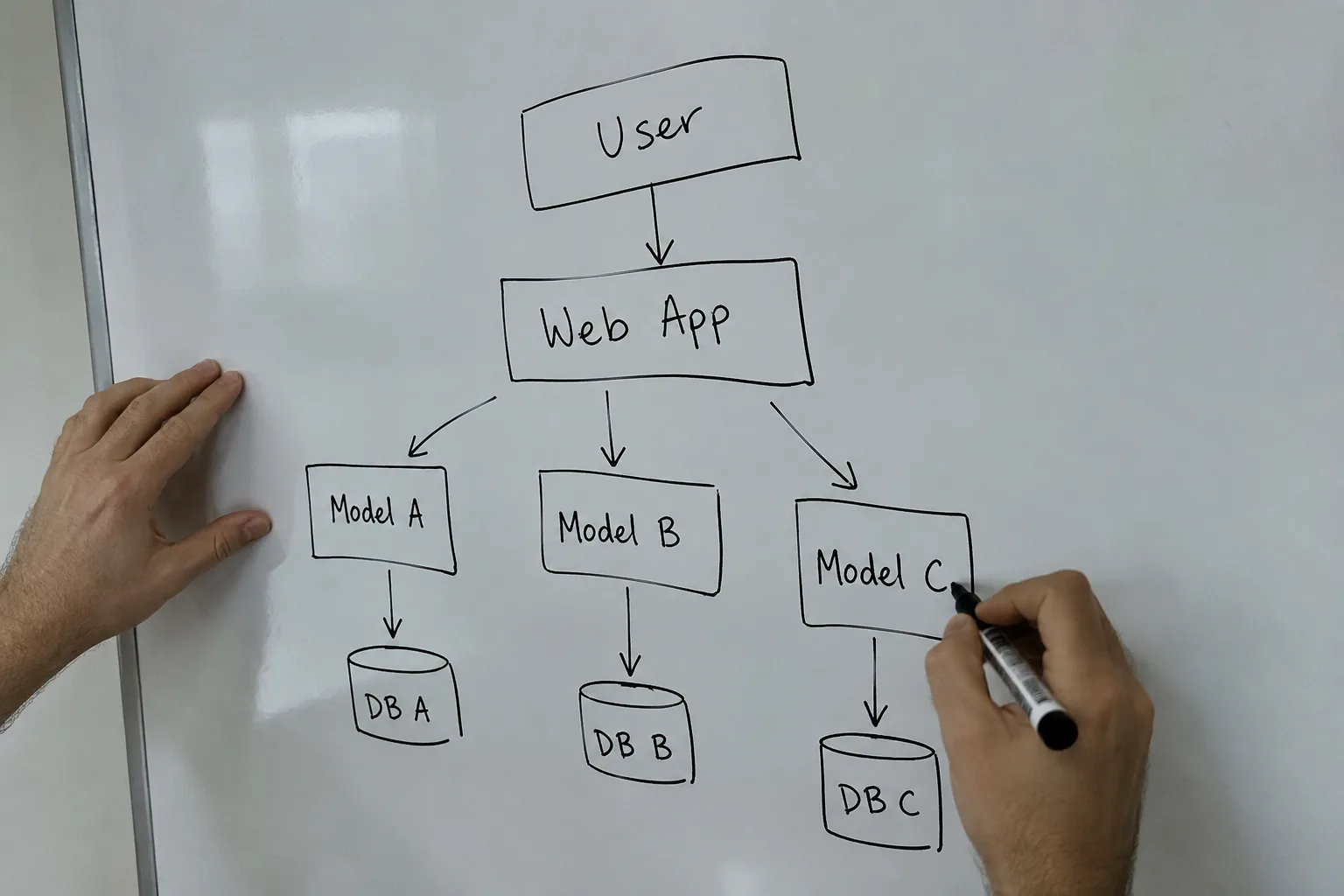 Planning a sales script structure on a whiteboard.