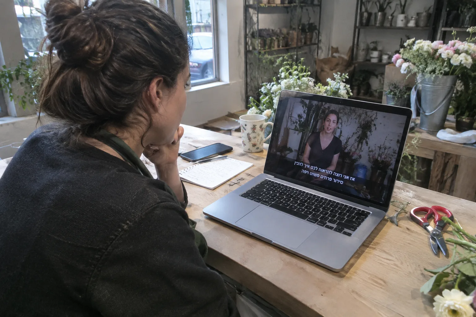 A small business owner watching a video with automatic Hebrew captions on her laptop.